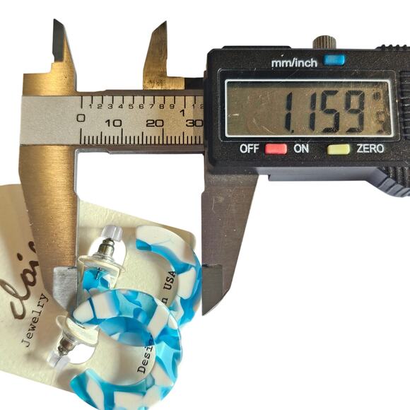 Blue White Resin Hoop Earrings Marbled Acrylic 1.16" Chunky Pierced w/ Gift bag - Picture 2 of 7